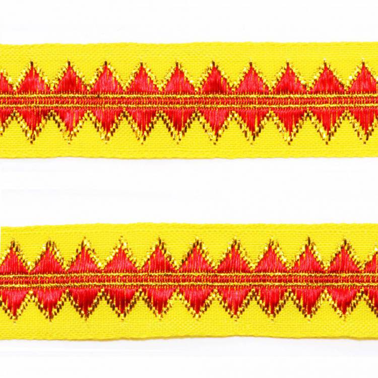 Лента жаккард желто-красная с люрексом, 25 мм