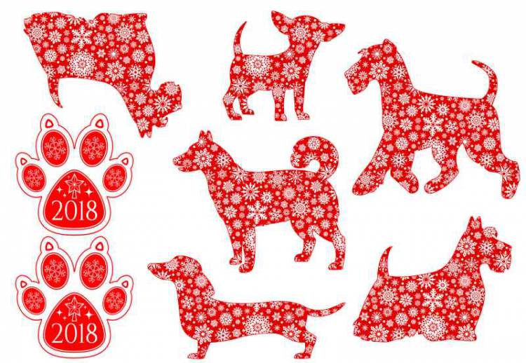 Фетр с рисунком "Собаки в снежинках на красном"