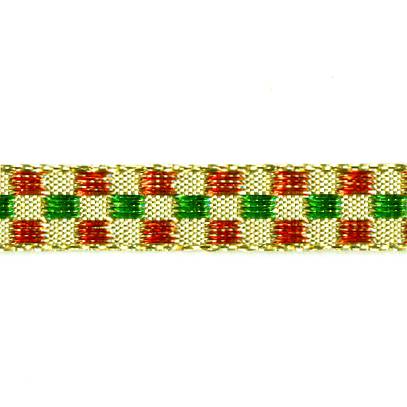 Лента "шотландка" металлизированная 10 мм, золото с красно-зеленым узором