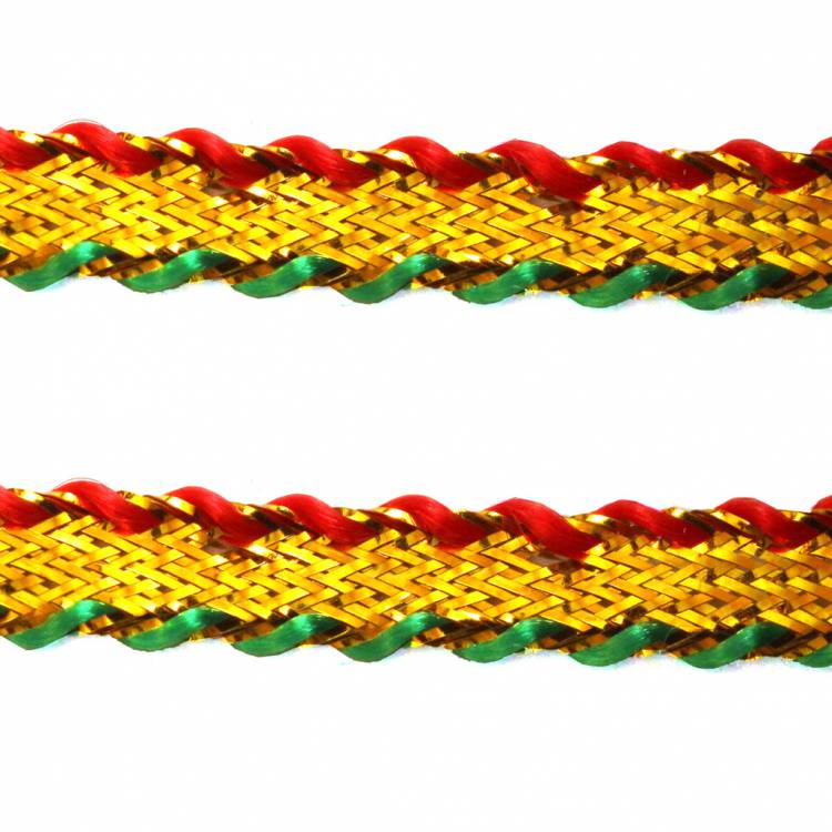 Лента металлизированная, золото с красно-зеленой каймой