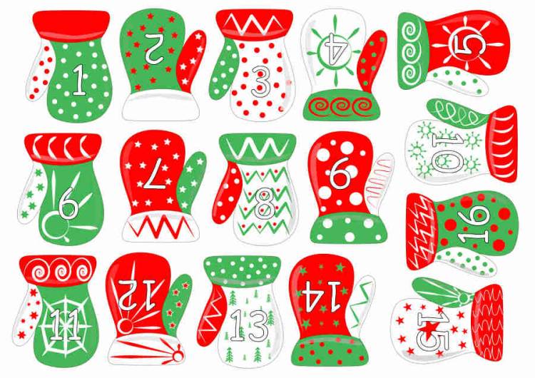 Печать на корейском фетре "Варежки для Адвент-календаря - 12 зеленый" комплект 2 листа